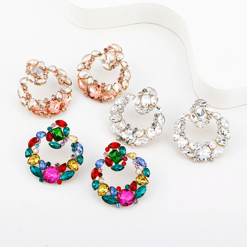 Wholesale Colorful Glass Rhinestone Crystal Round Earrings Diamond Stud Earrings Women Fashion Jewelry