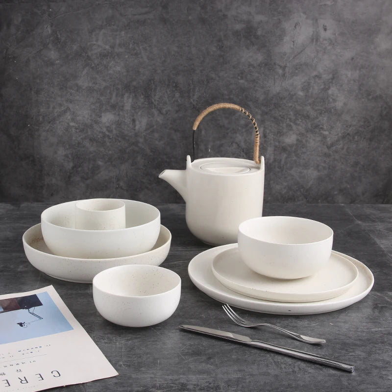 Porcelain White Ceramic Dinnerware Set 4-Piece with Black Spot Glaze Includes Pot Cup Dessert and Main Dish Bowl Dinnerplate