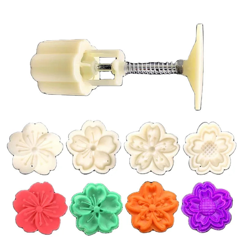 3D Plastic Reusable Non-stick Eco-Friendly Moon Cake Mold Set 4pcs 50g Sakura Cherry Blossom Cookie Stamps Cake Tools