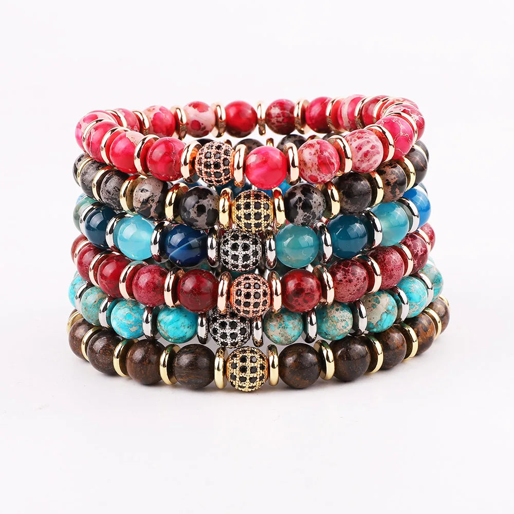New Design Fashion 8mm Natural Stone CZ Pave Ball Beaded Stretch Bracelet for Women JBS12002