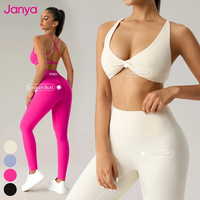 Janya Wholesale Women's Gym Fitness Suit High Waist Scrunch Butt Yoga Leggings Cross Back Sports Bra Set Breathable Solid MegaBDM