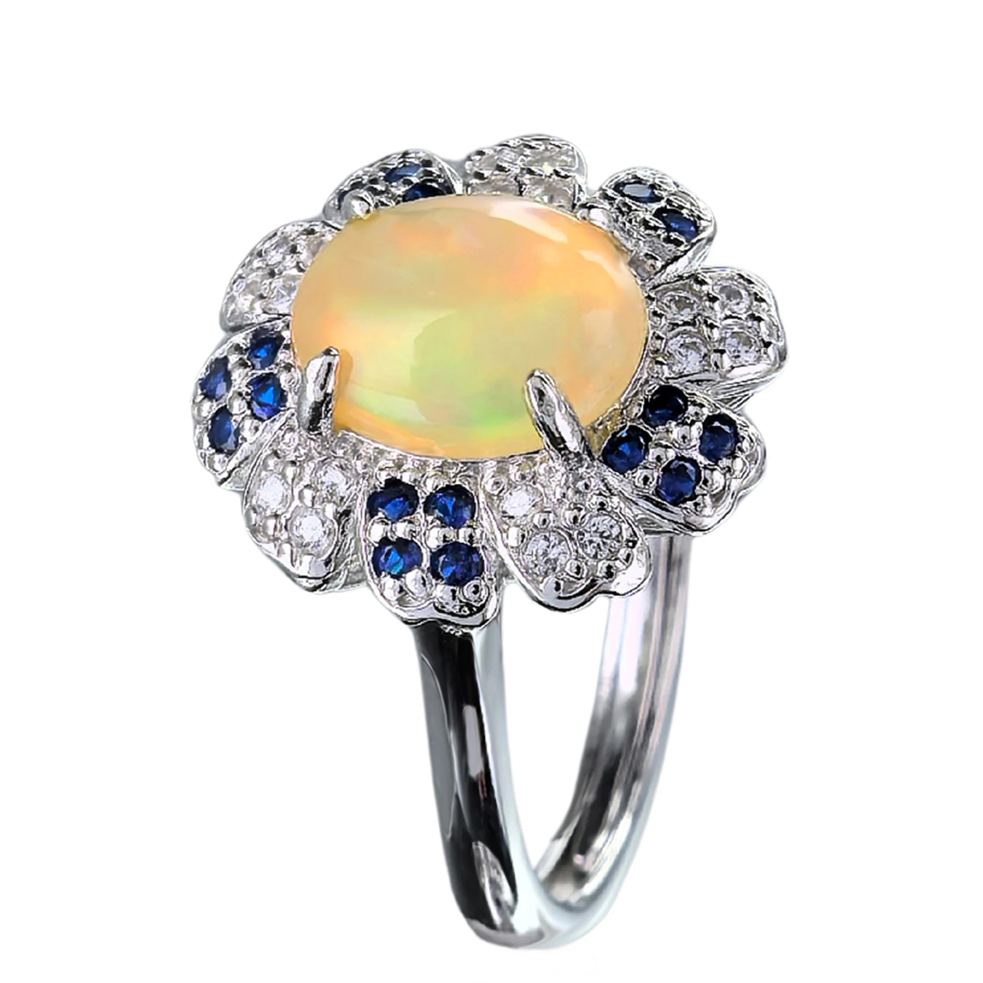 Delicate Rhodium Plated Silver 925 Jewelry Natural Opal Flower Ring for Women Anniversary Gift