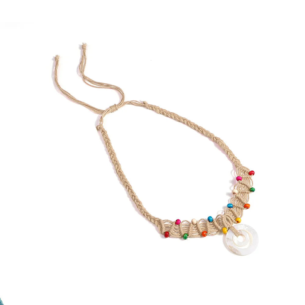 Handmade Macrame Boho Ethnic Adjustable Choker Necklace Colorful Wooden Beads Hollow Shell Pendant Geometric Vacation Jewelry