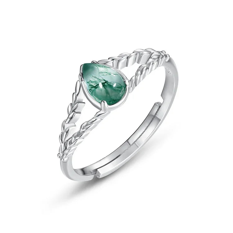 Women Fashionable Ring Jewelry 925 Sterling Silver Silver Moss Agate Ring Set
