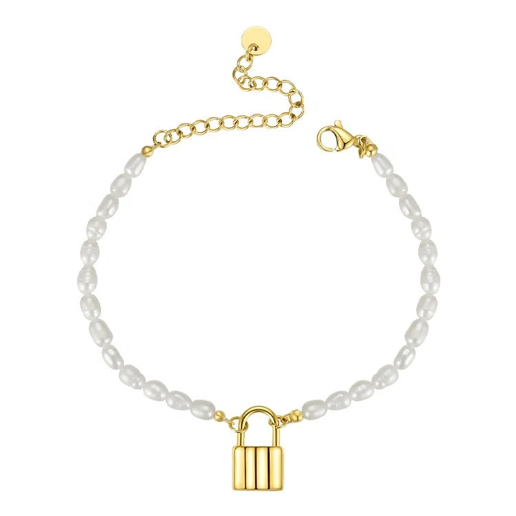 Latest 14K Gold Plated Stainless Steel Jewelry Pearl Padlock Bracelet B202210
