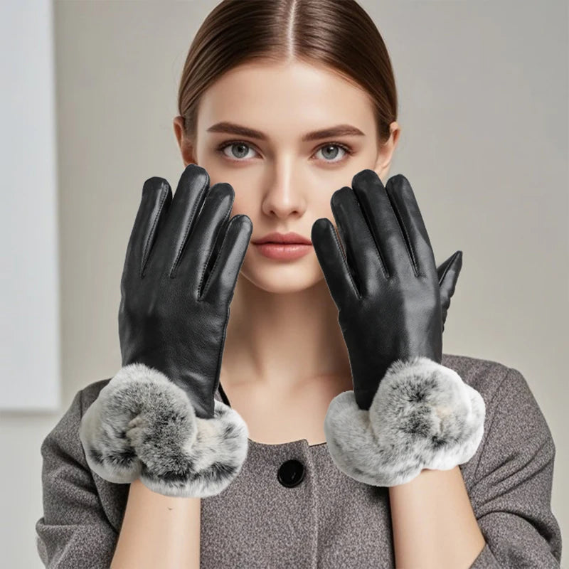 Luxury Full Finger Rex Rabbit Fur Cuff Fleece Lining Genuine Leather Gloves for Women