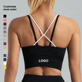 Custom Logo Short Nylon Gym Yoga Sports Bra Women Active Support Strappy Cross Back Casual Style Breathable Woven Fabric Black