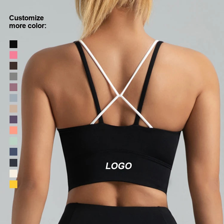 Custom Logo Short Nylon Gym Yoga Sports Bra Women Active Support Strappy Cross Back Casual Style Breathable Woven Fabric Black