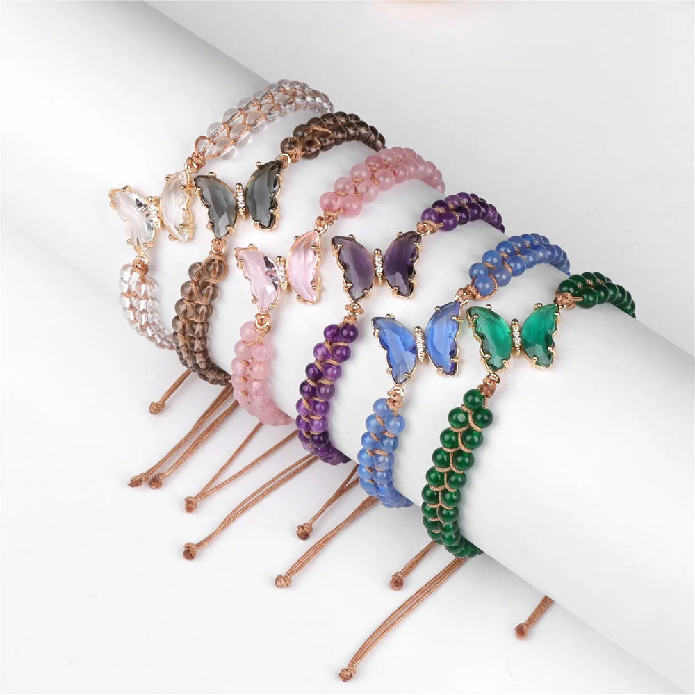 4mm Dainty Crystal Butterfly Bracelet for Women Jewelry Natural Gemstone Bead Adjustable Handmade Charm Stone Bracelet