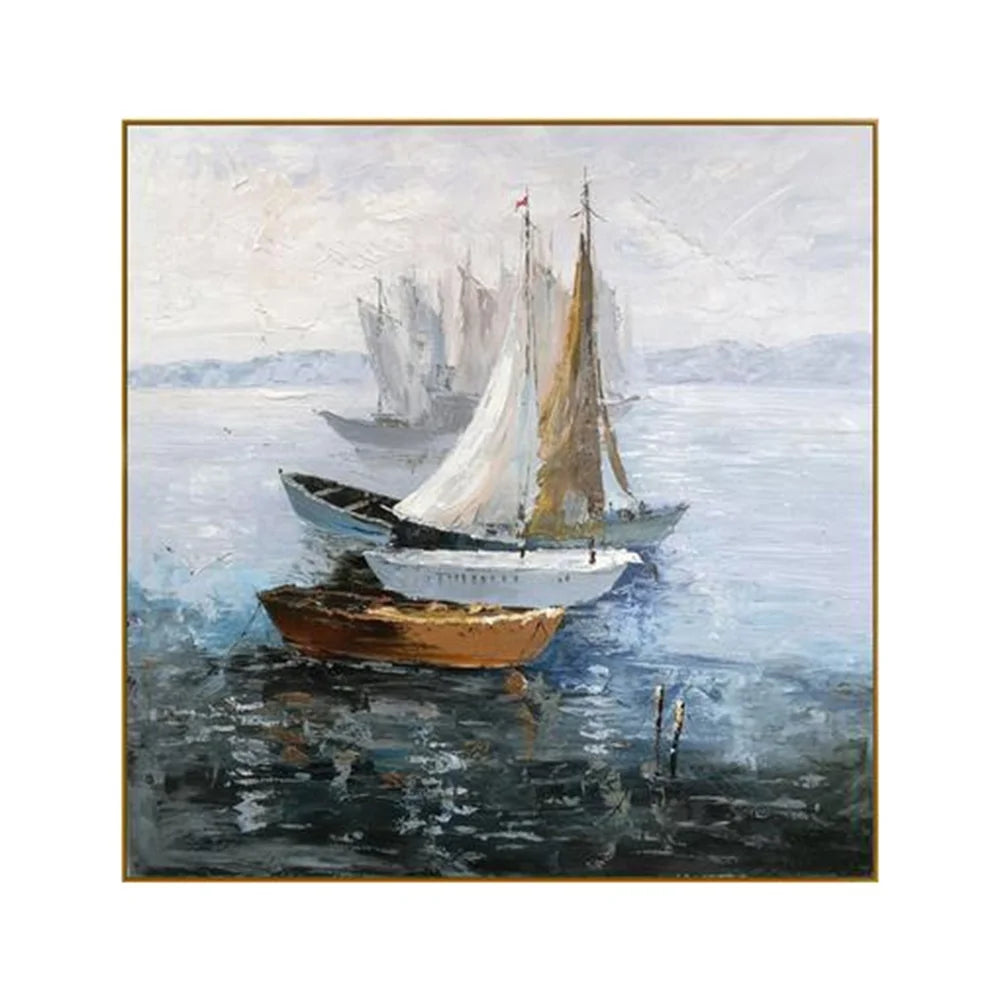 Abstract Blue Sailboat Wall Painting Framed Sailing Boat Canvas Wall Art
