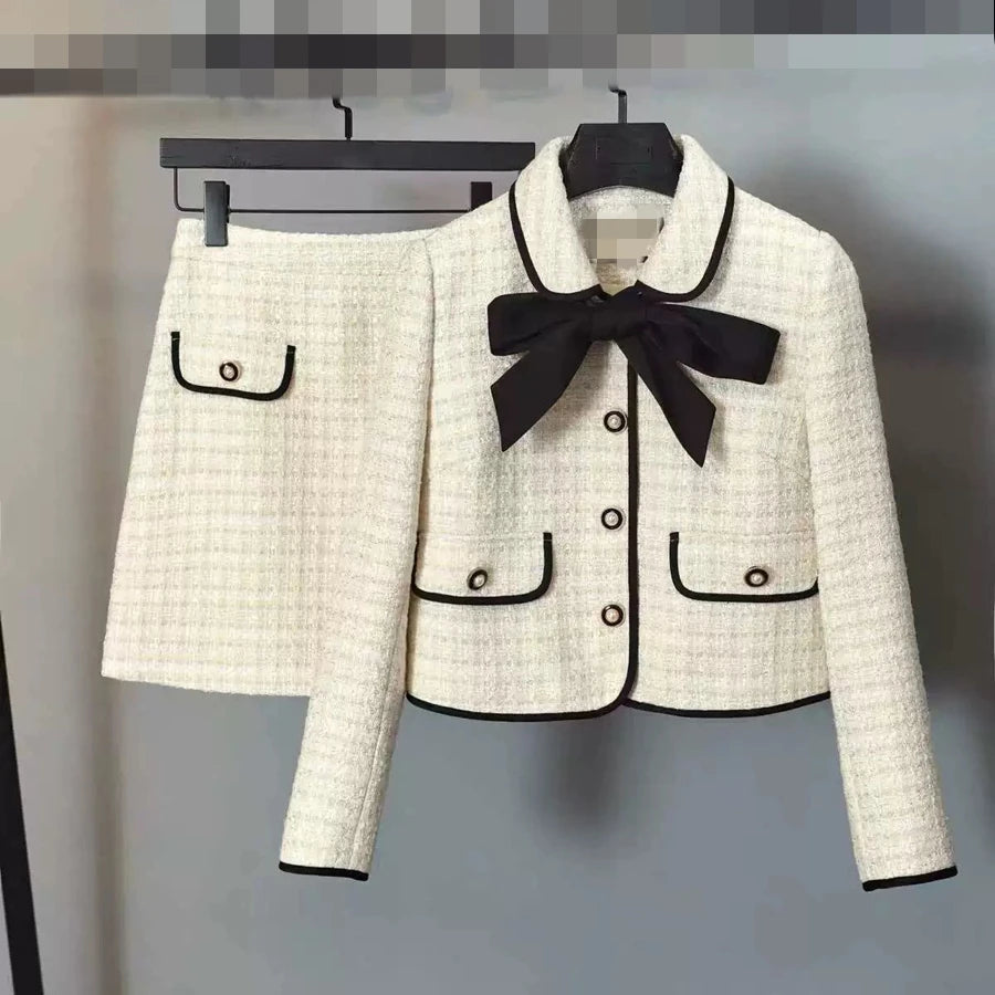 Fashion Set Autumn New Fashionable Bow Tie Short Coat Half Skirt Two Piece Dress
