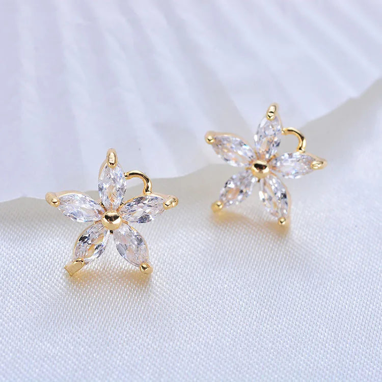 EC2055 Dainty Earring Findings Gold CZ Micro Pave Flower Floral Stud Earring Post with Connector Open Ring Loop for Drop Charm