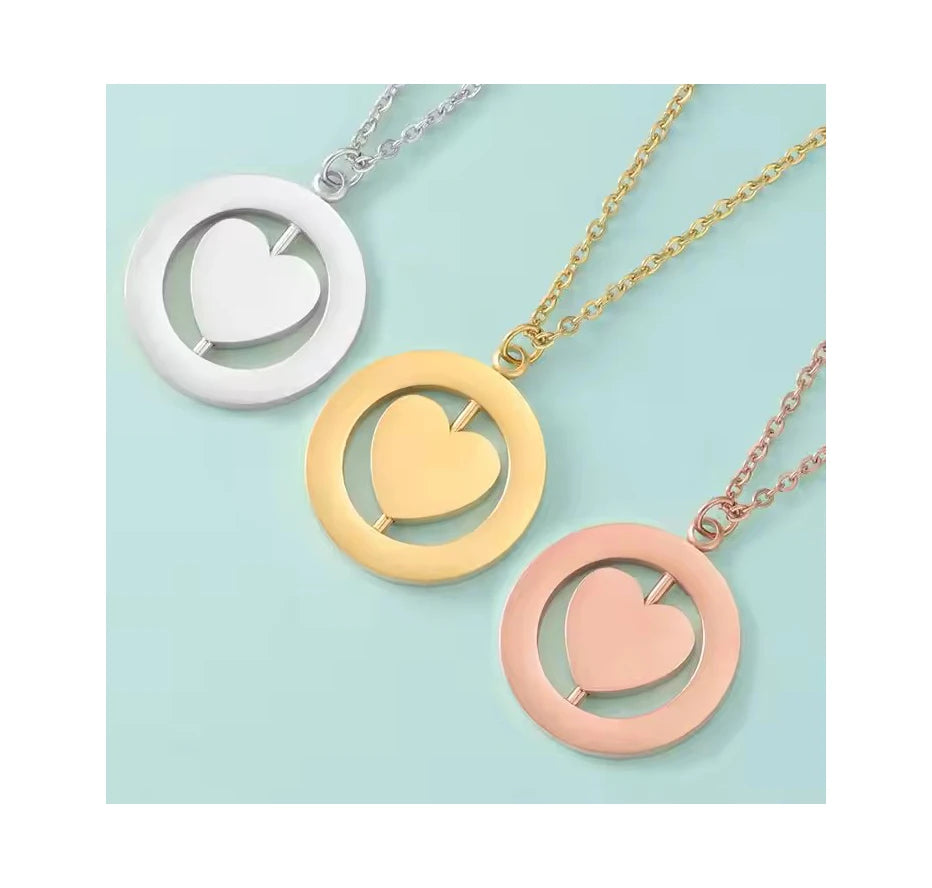Unique Design Custom Laser Logo Spinner Rotatable Heart Necklace Stainless Steel Gold Plated Heart Rotating Pendant Necklace