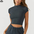 Wholesale Factory Stretchy Ribbed Rayon Fitted Mock Neck Crop Top T Shirt for Women
