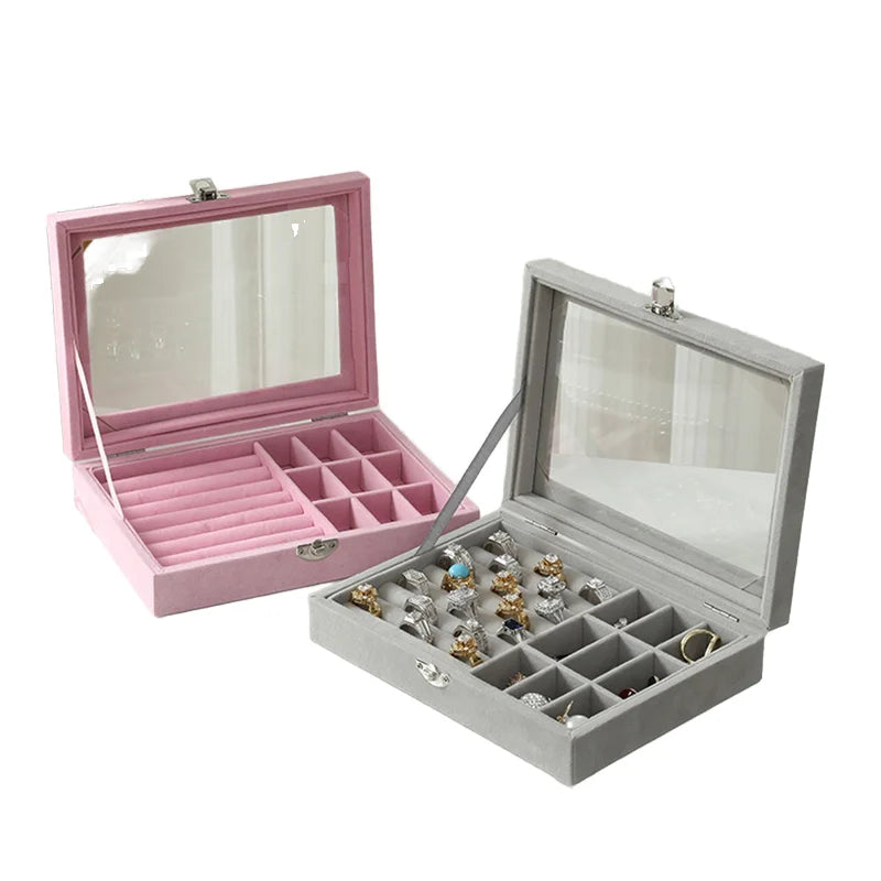 Hot Selling Soft Velvet Jewelry Storage Display Box Clear Window Lock Earring Ring Organizer