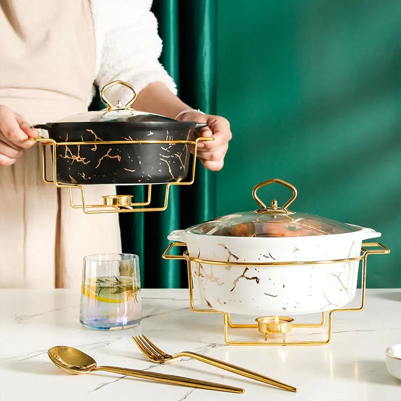 Marbled Gold Pattern Ceramic Soup Pot with Handle Newest Design Candle Holder and Dry Tableware for Household Use