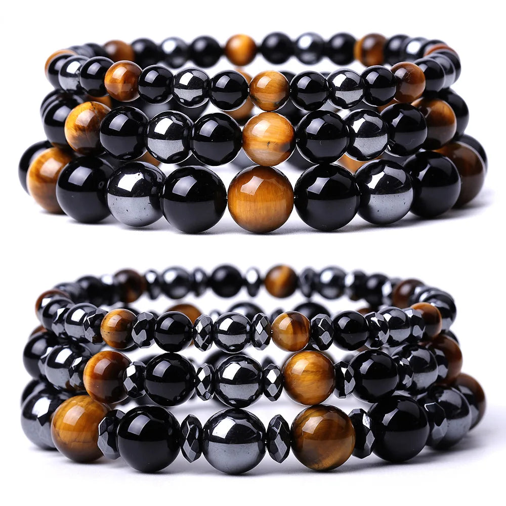 Triple Protection Bracelet Tiger Eye Beads Bracelet Stress Relief and Anxiety Healing Crystal Yoga Bracelet for Men Wom
