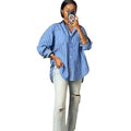 M6021 Casual Career Blouse Blue White Striped Loose Polyester Spandex Long Top with Printed Pattern Design Made Chiffon Fabric