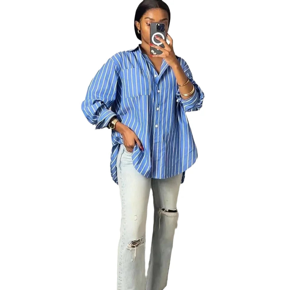 M6021 Casual Career Blouse Blue White Striped Loose Polyester Spandex Long Top with Printed Pattern Design Made Chiffon Fabric