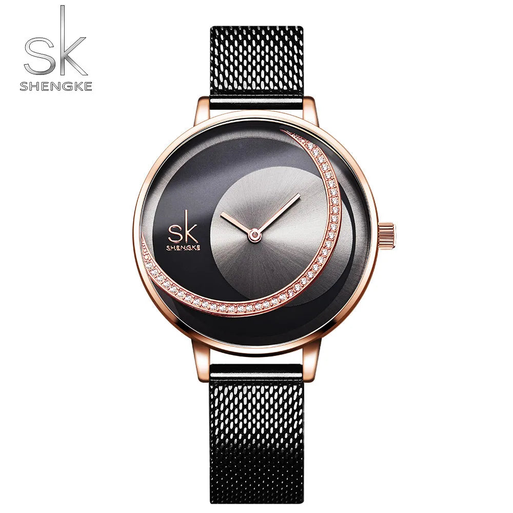 Newest SHENGKE Elegant Black Stainless Steel Mesh Business Women's Wrist Watch Fashion Quartz Glass Pointer Hands Waterproof