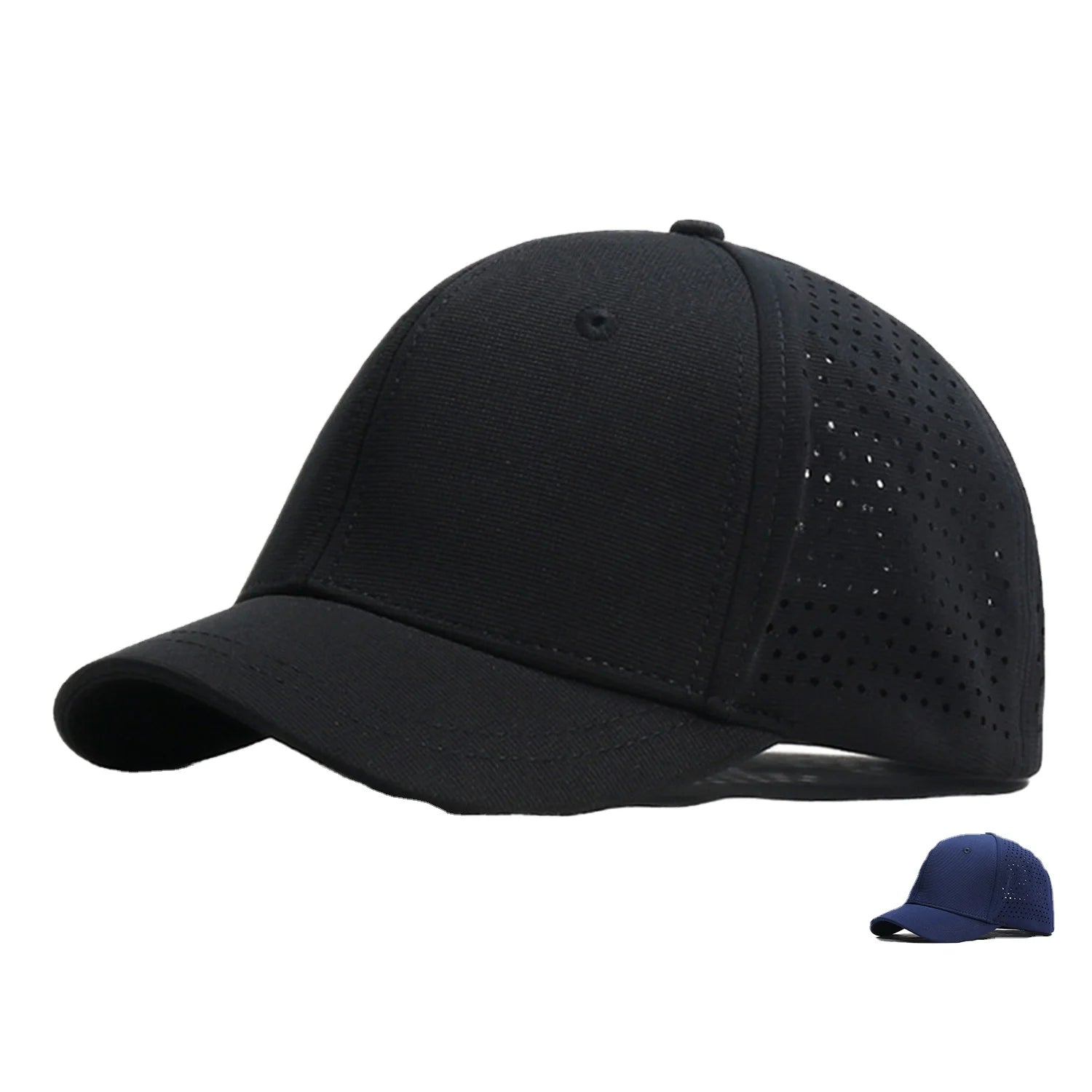 Custom Logo 6 Panel Structured Polyester Waterproof Laser Cut Hole Perforated Trucker Hats Short Brim Sports Street Sporty