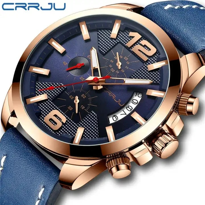 CRRJU 2285 Mens Watches Top New Luxury Leather Chronograph Quartz Watch Men Sport Waterproof Clock Watch Gift