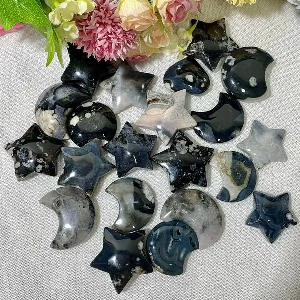 Black Flower Agate Healing Gemstone Crystal Carving Crafts Wholesale Crystal Star Moon Heart Crystal Pendants