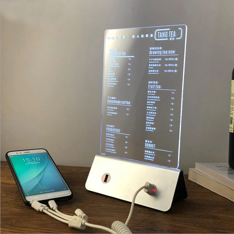 A5 Modern Eco-Friendly Restaurant Menu Holder with USB Charger Table Stand and Acrylic Drink Display for Restaurants and Bars