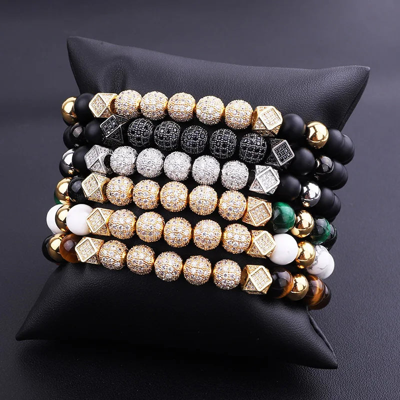 2022 New Fashion Jewelry Luxury CZ Micro Pave Ball Natural Stone Tiger Eye Custom Logo Elastic Bracelet Men