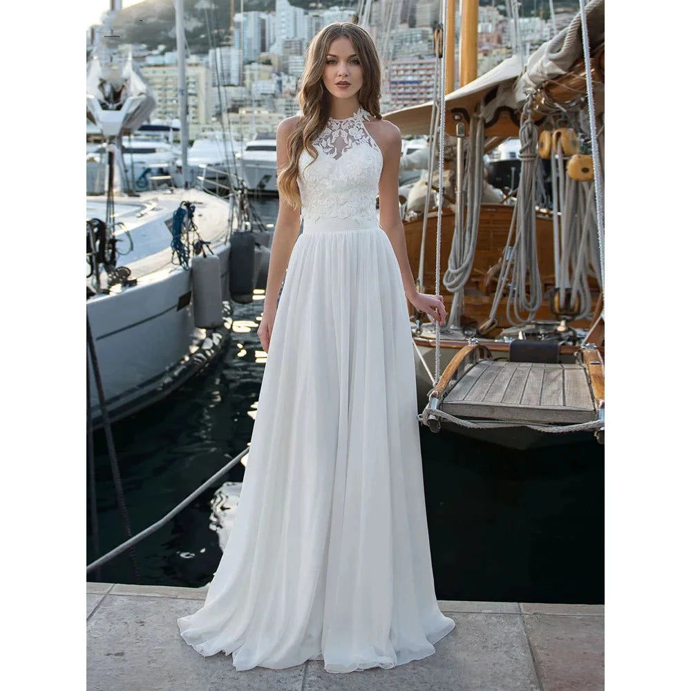 13536#A-Line Halter Neck Bohemian Vestido De Novia Outdoor Sleeveless Boho Lace Applique Button Back Wedding Dress Bride Gown