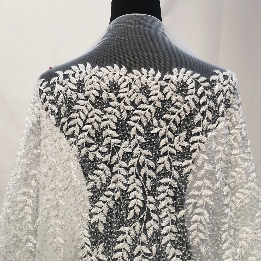 Exquisite Handwork Sequined Beaded Lace Embroidery Leaf Pattern Luxury Beads Bridal Lace Fabric for Dress