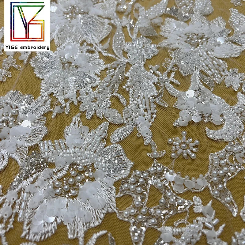 Luxury Wedding Sequins Tulle Embroidery Lace New Design White Mesh Dress Beaded Fabric Bridal Lace Fabric
