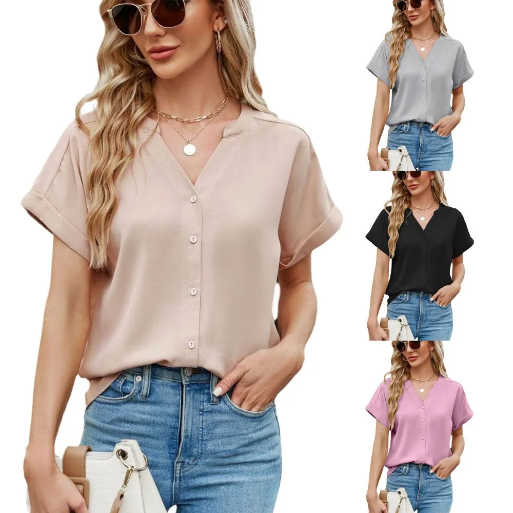 2025 Summer New Office Comfort V-Neck Cardigan Top for Women Breathable Solid Pattern Polyester Knitted Casual