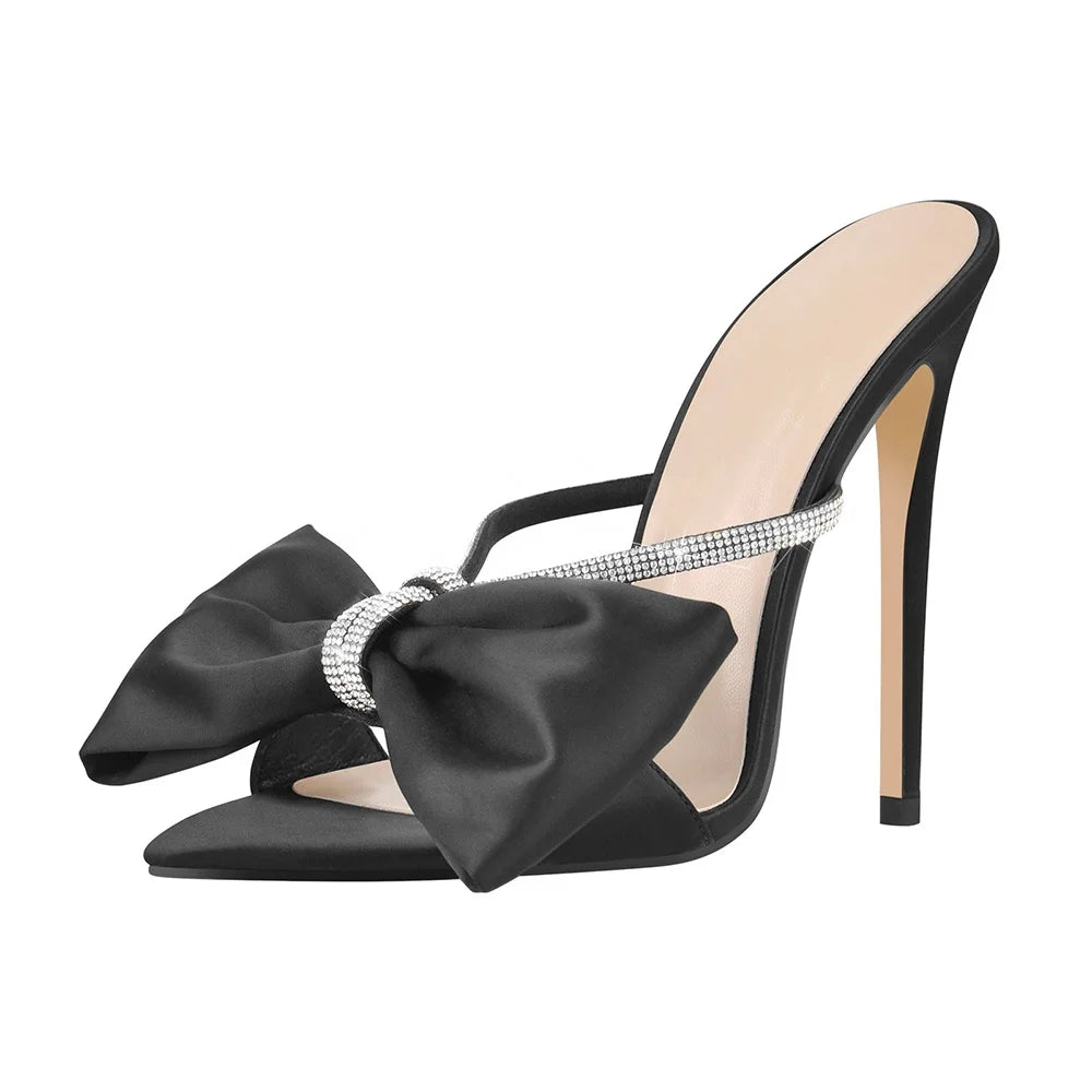 Plus Size Elegant Bow Tie Crystal Chain Pointed Toe Stiletto Heel Mules Party High Heels Sandals