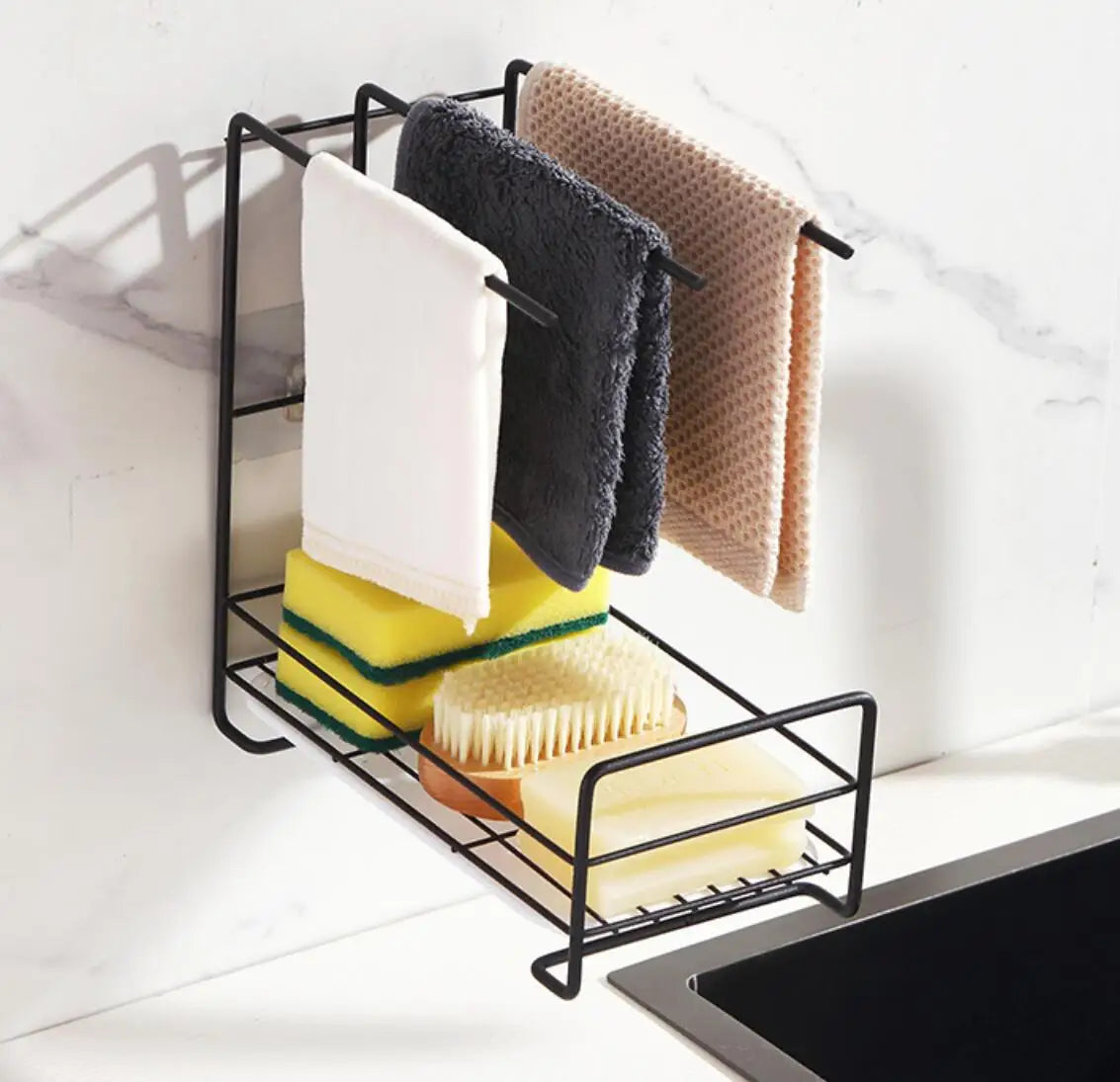 Wall Mounted Carbon Steel Sponge Holder with Liquid Drainer Rack for Kitchen Sink Brush and Dish Towel Home