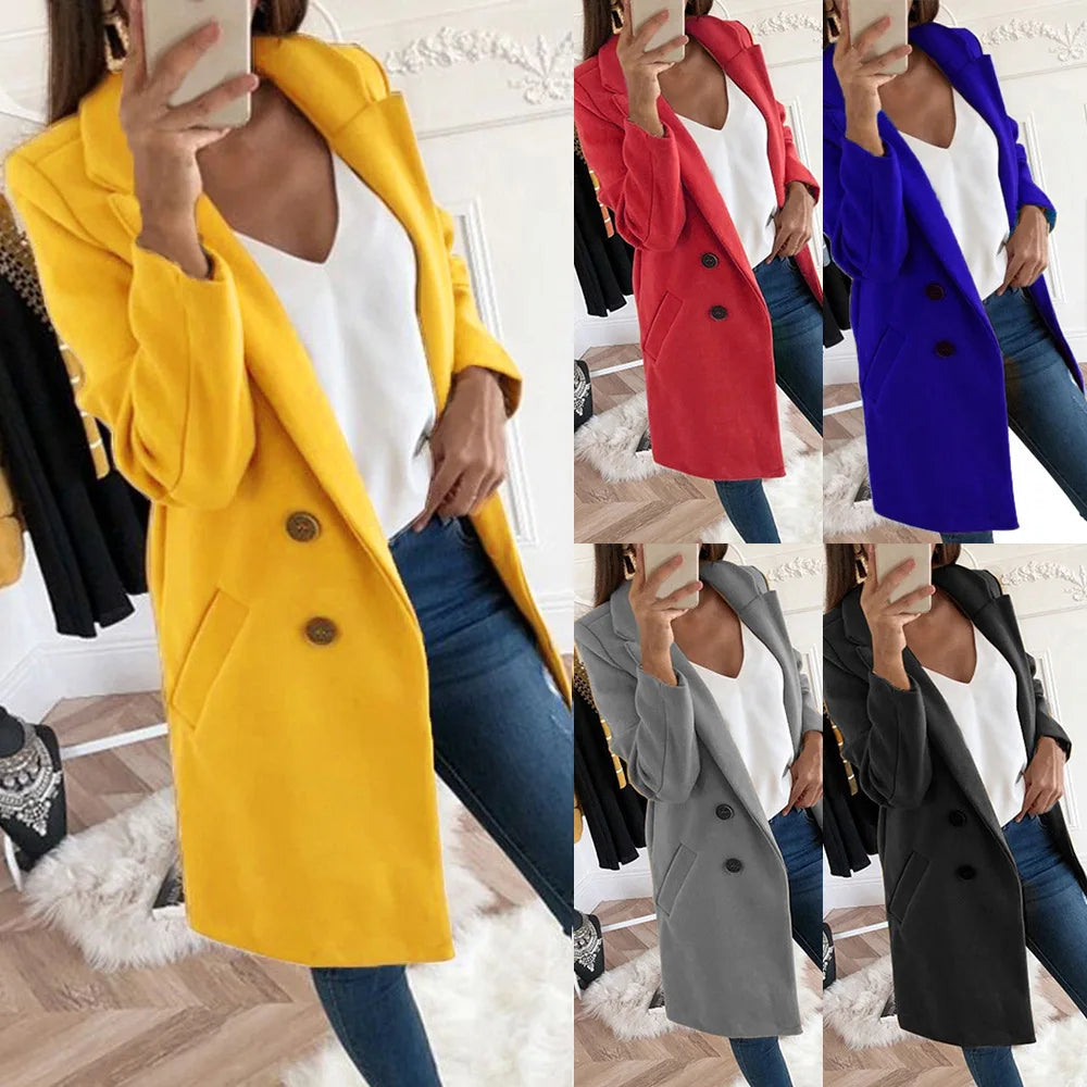 Autumn Winter Women New Hot Sale Ladies Solid Color Lapel Mid-Length Button Slim Cotton Casual Fashion Coat