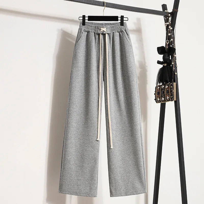 M-3XL Plus Size Women's Autumn Design Hot Girl Lace up High Waist Wide Leg Pants Elastic Waist Straight Casual Pants