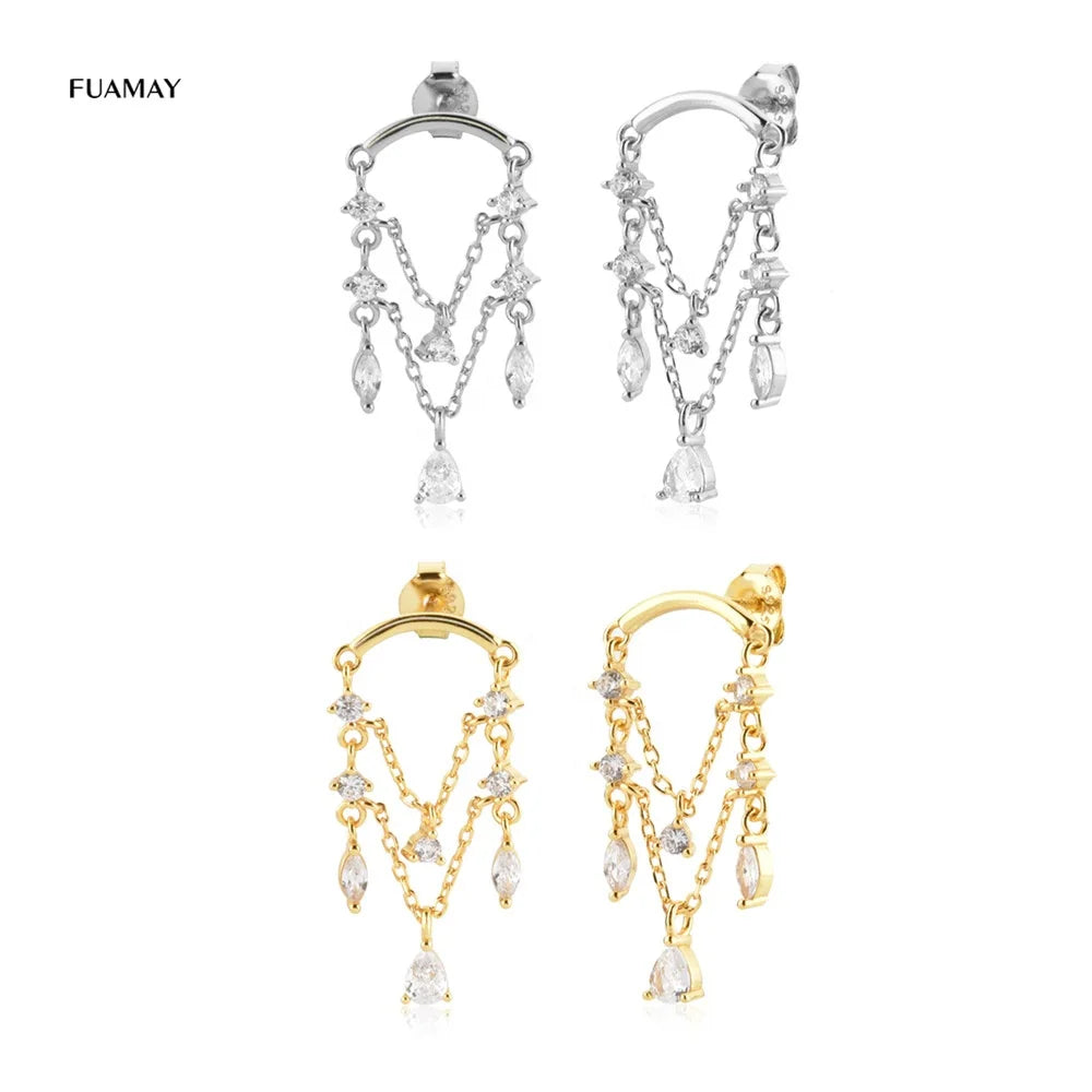 FUAMAY 925 Sterling Silver Gold Chain Zircon Drop Stud Earrings Line White Crystal Heave Gold Plated Hanging Earrings