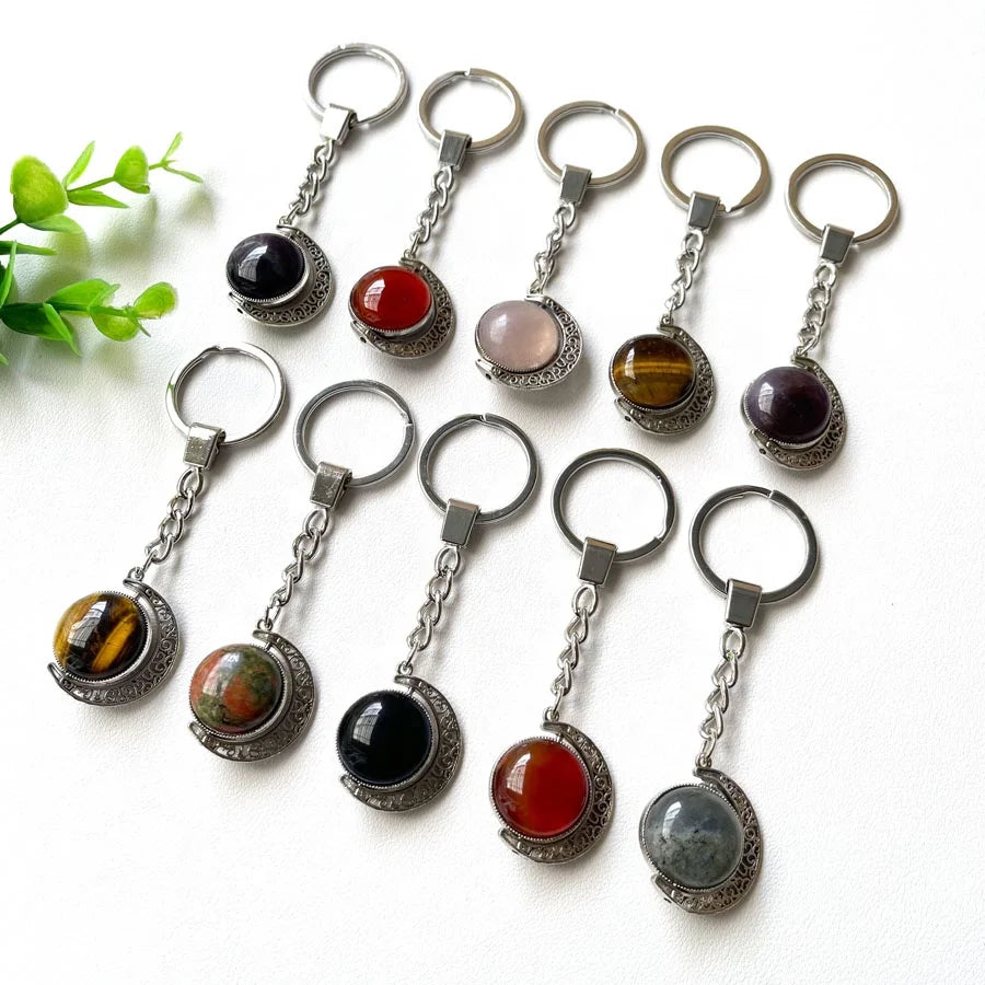 Wholesale Gemstone Agate Cabochon Keychain Natural Stone Rose Quartz Crystal Cabochon Keyring