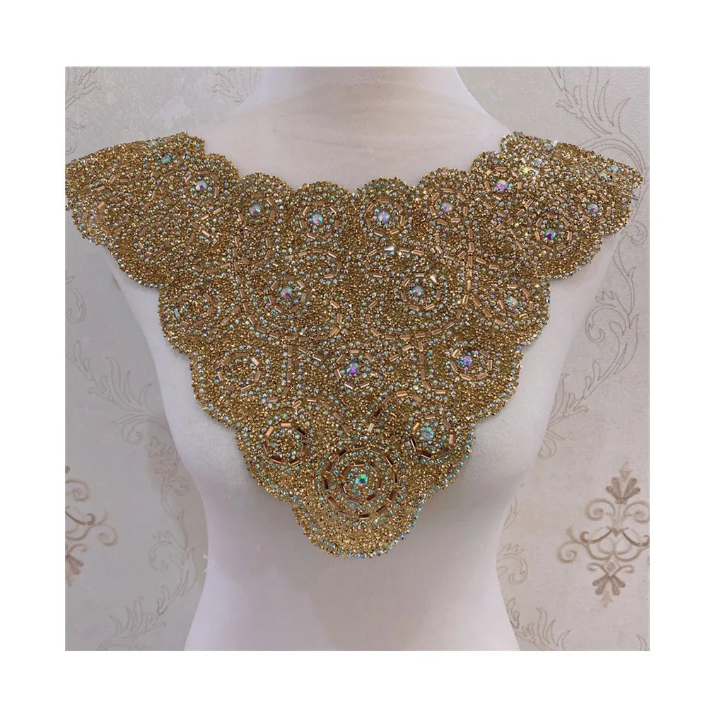 Gold Silver Black  Craft  Fashion   Wedding   Rhinestone African Collar Necklace  Patches Iron on Diy for  Clothes