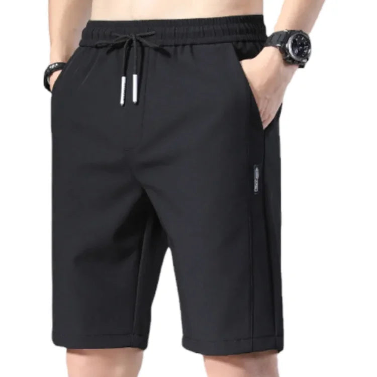 Men's New Trend Woven Formal Solid Ice Silk Loose Elastic Mid Waist Quick Dry Shorts with Breathable Split Design for Summer