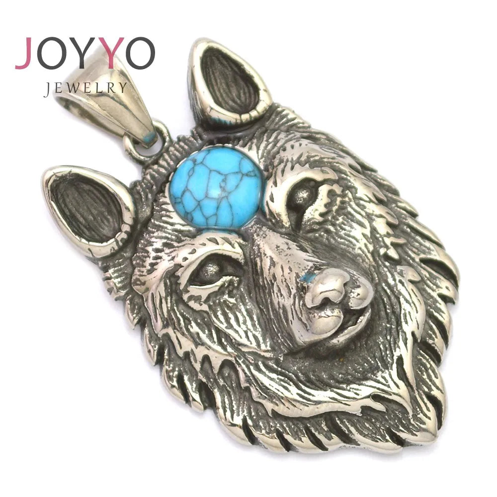 Wolf Head With Blue Stone Necklace Men's Stainless Steel Pendant Retro Domineering Personality Accessories