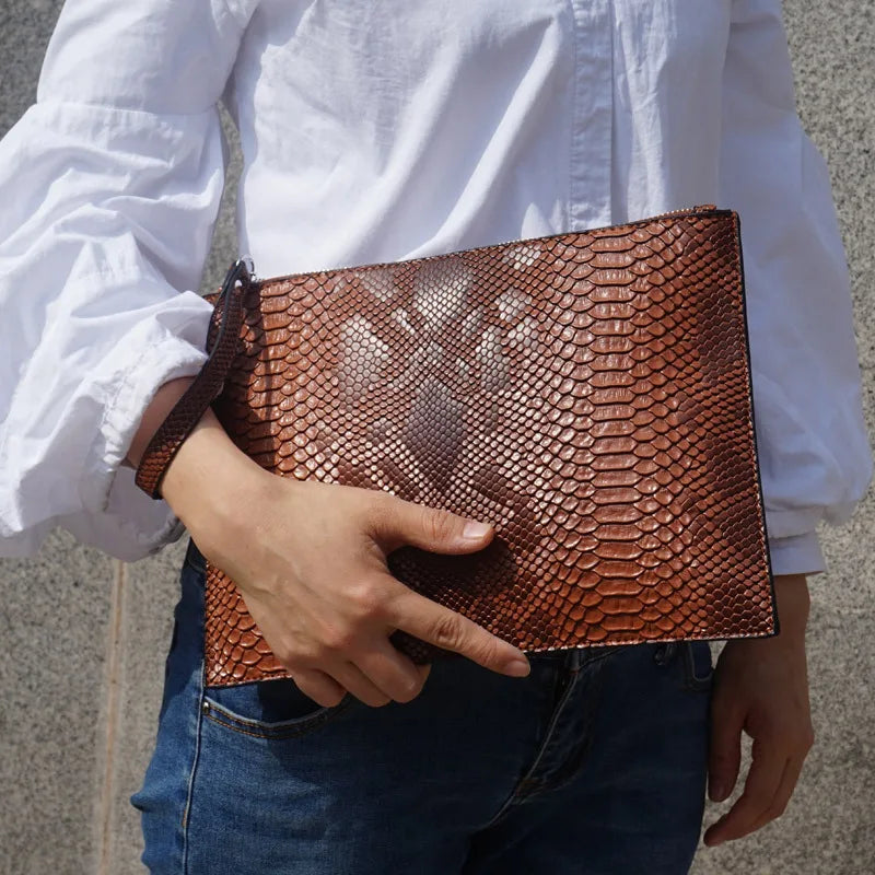 Women Designer New Fashion Trendy Snake Pattern Pu Leather Clutch Bag Big Capacity Briefcase  Ladies Evening Handbag Purse