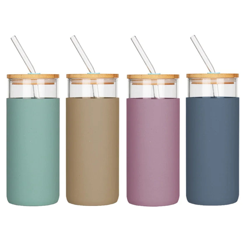 Glass Water Bottle Thermal Water Cup Wholesale 18Oz BPA-Free Water Bottle with Portable Straw Silicone Sleeve Bamboo Lid