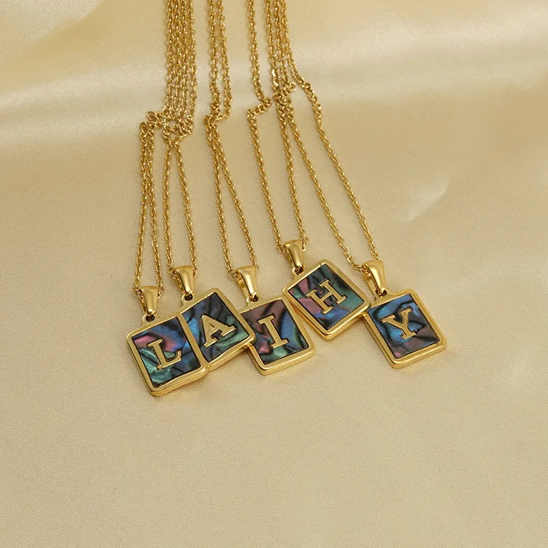 18K Gold Stainless Steel Initial 'A-Z' Necklace for Women Colourful Rectangle Shell Alphabet Pendant Link Anniversary Pearl