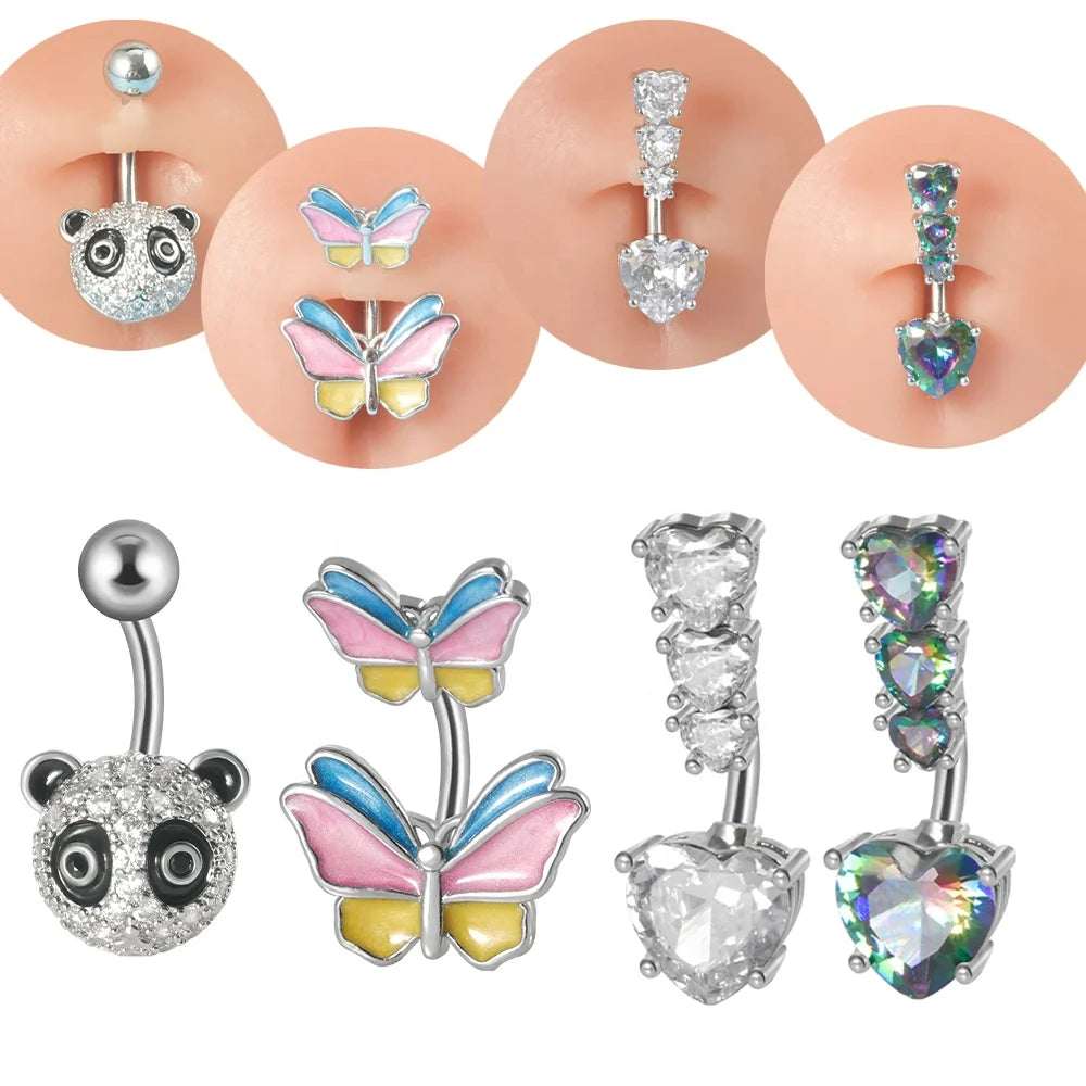 2023 New Surgical Steel Butterfly Panda Belly Button Ring Zircon Navel Ring Piercing Barbell Women Body Piercing Jewelry 14G