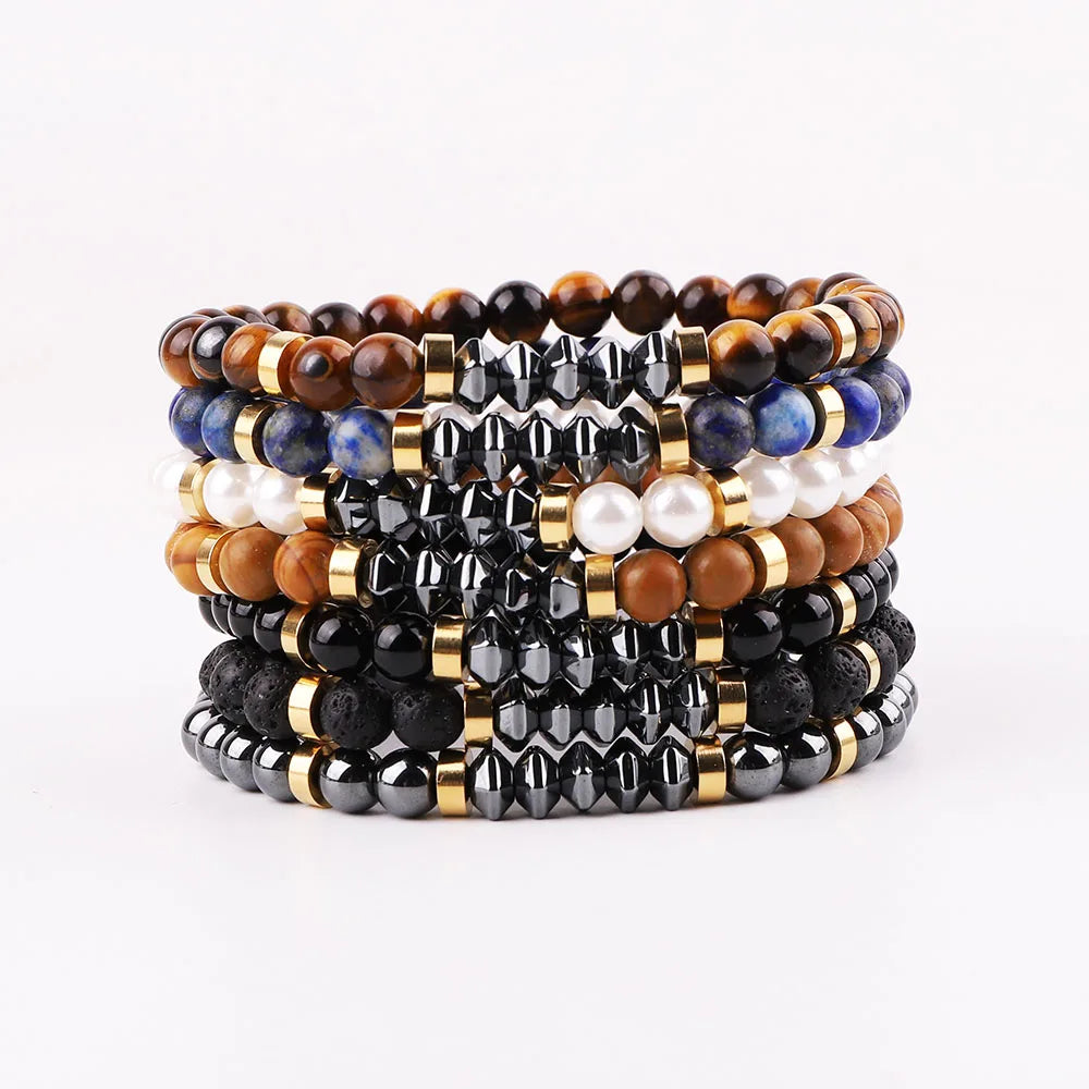 New Design 6mm Natural Stone Hematite Beaded Elastic Bracelet Men Women JBS12532