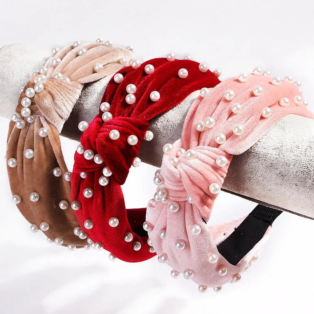 OEM Factory Western Style Velvet Knot Hair Hoop Solid Color Luxury Wide Hair Band Womens Fashion Pearl Beaded Furry Headbands