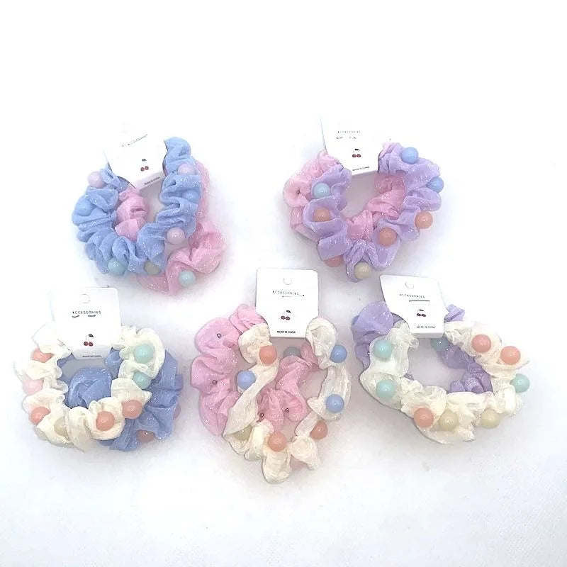 Candy Color Organza Fabric Hair Accessories Skinny Scrunchies Pack with Pastel Colored Balls Hair Ties