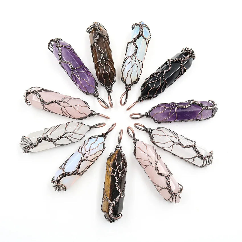 2021 New Trend Retro Natural Crystal Hexagon Wrap Tree of Life Pendant in Rose Quartz Amethyst Opal Natural Stones